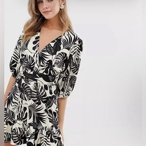 ASOS DESIGN wrap mini dress in mono tropical print